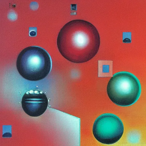 Prompt: chrome spheres on a red cube by rene laloux