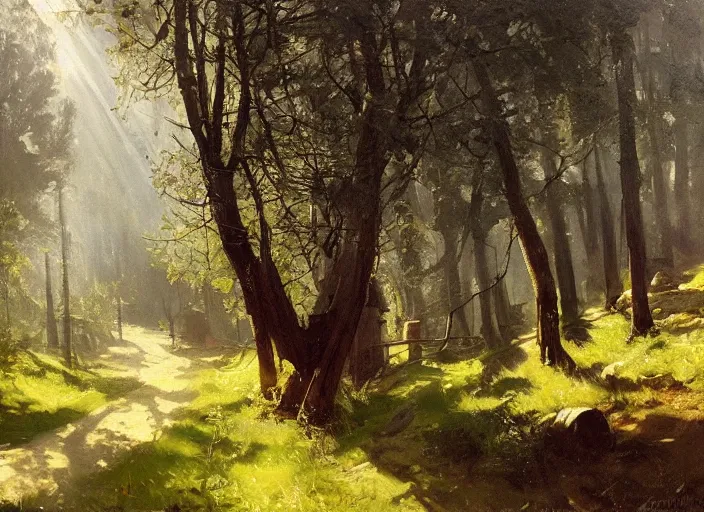 Prompt: oil painting of medieval forest path in dawn by anders zorn, wonderful art by greg rutkowski, incredible lighting, shadows, beautiful cinematic light, american romanticism by greg manchess, tall rocky mountains and storm clouds, sun rays, sunshine, bright sunny summer day, stone walls