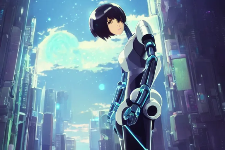 Prompt: makoto shinkai. robotic android girl. futuristic cyberpunk. dystopia. vibrant nebula sky. full robotic andorid body.................. robotic android body.