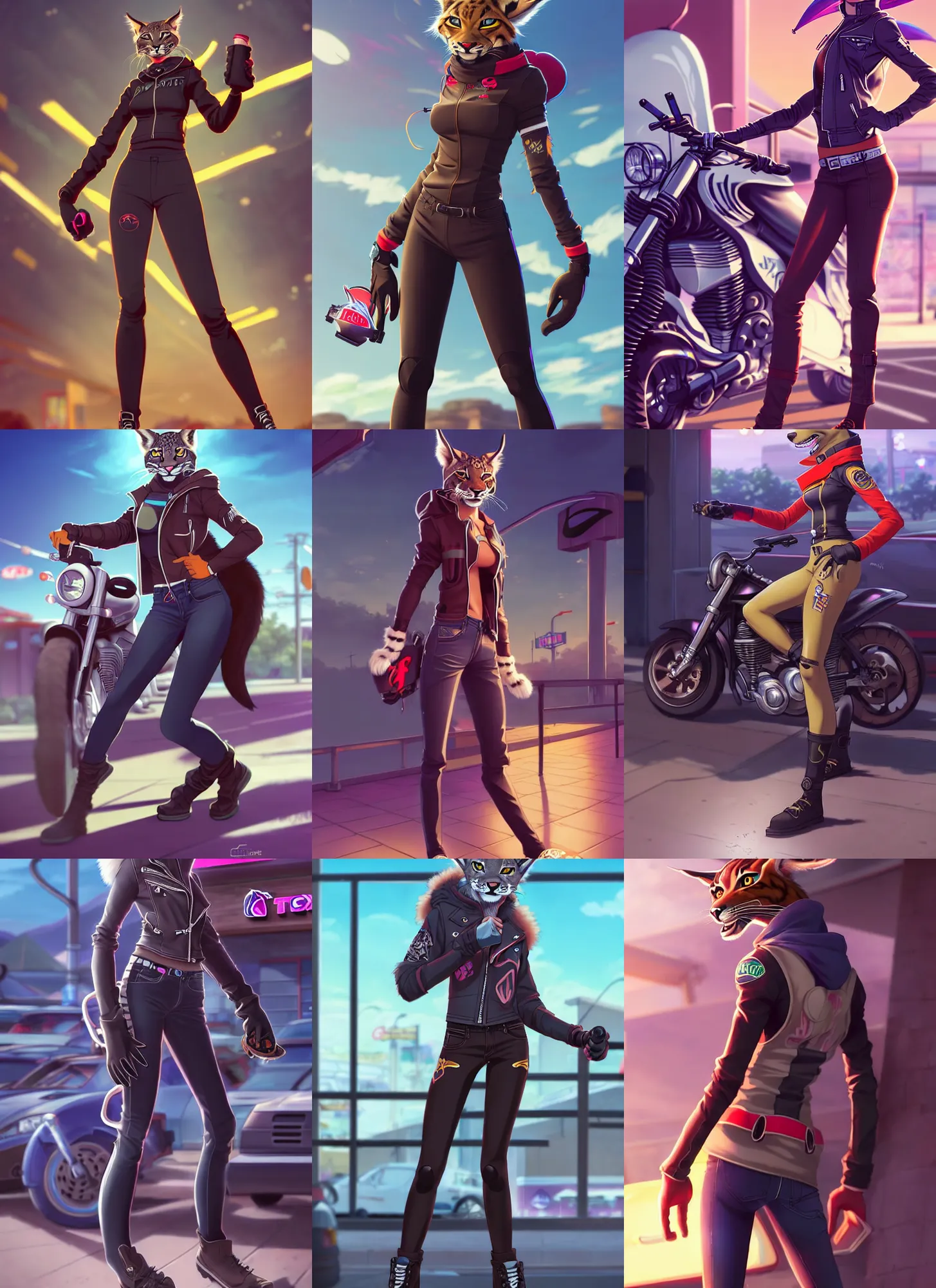 Prompt: wide angle beautiful full body portrait of a strong female anthropomorphic anthro lynx fursona wearing biker clothes at a taco bell. character design by disney, anime, manga, charlie bowater, ross tran, artgerm, and makoto shinkai, detailed, soft lighting, rendered in octane