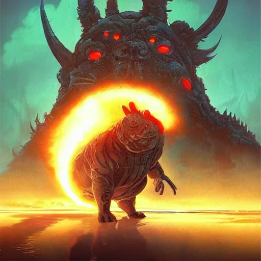 Image similar to the world destroyer big chungus, evil, glowing red eyes, hyper realistic, fantasy art, in the style of chris foss and alan lee, intricate, hyper detailed, smooth, intricate complexity, in the style of artgerm and ilya kuvshinov, magic the gathering