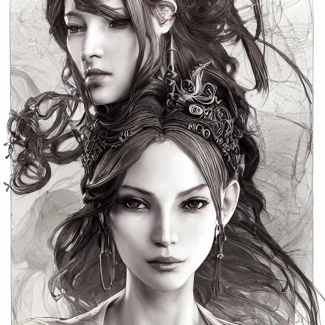 Image similar to the portrait of the lawful evil sorceress lawyer as an absurdly beautiful, graceful, elegant, sophisticated, woman, an ultrafine hyperdetailed illustration by kim jung gi, irakli nadar, intricate linework, bright colors, octopath traveler, final fantasy, unreal engine 5 highly rendered, global illumination, radiant light, detailed and intricate environment