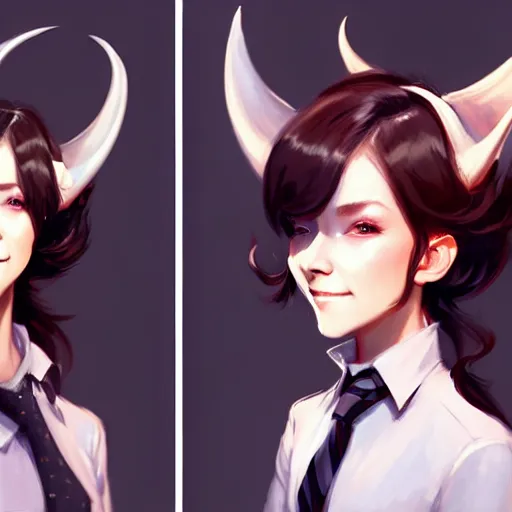 Image similar to character design portrait of a beatiful anthropomorphic furry dragon girl with dragon horns, wearing a suits, looking at the camera, 4 k, concept art, by wlop, wenjun lin, watercolor, ilya kuvshinov, artgerm, krenz cushart, pixiv.