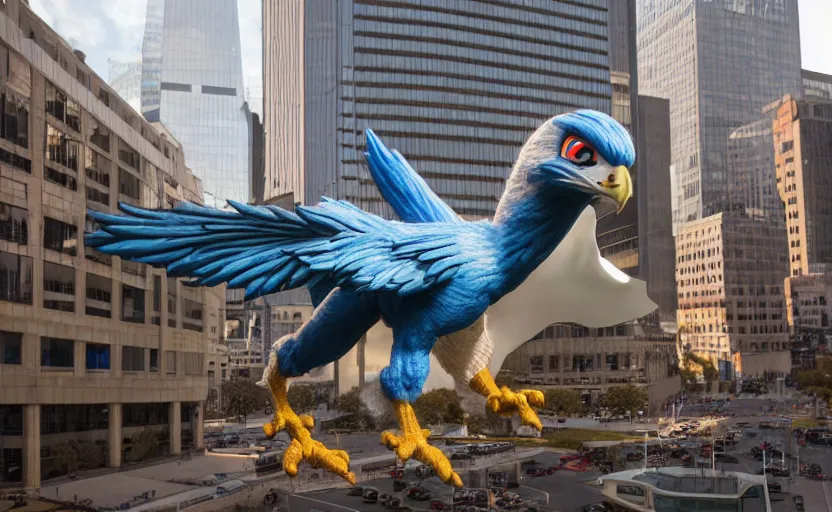 Image similar to giant falco lombardi terrorizing city, highly detailed, extremely high quality, hd, 4 k, 8 k, professional photographer, 4 0 mp, lifelike, top - rated, award winning, cinematic, realistic, detailed lighting, detailed shadows, sharp, no blur, edited, corrected, trending