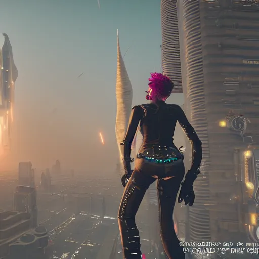 Prompt: a punk girl turns front, big spaceship over city, dust hour, highly detailed, epic, render, unreal engine, in cyberpunk style