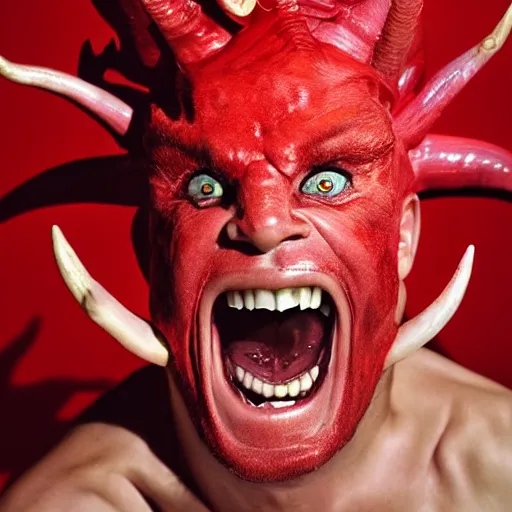 Image similar to a devilish red monster with horns emerging from boiling rough seas, close - up portrait photo by david lachapelle, masterpiece, trending on flickr s - 3 0