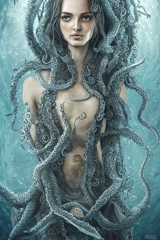 Image similar to young angelina golie portman as an octopus witch dressed in intricate silver clothing surrounded by underwater particles above sharks and sea creatures, fantasy, wlop, trending on artstation, deviantart, anime key visual, official media, professional art, 8 k uhd