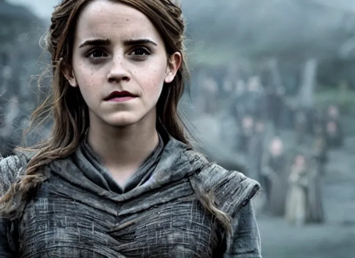 Prompt: emma watson as hermione granger in that infamous game of thrones scene