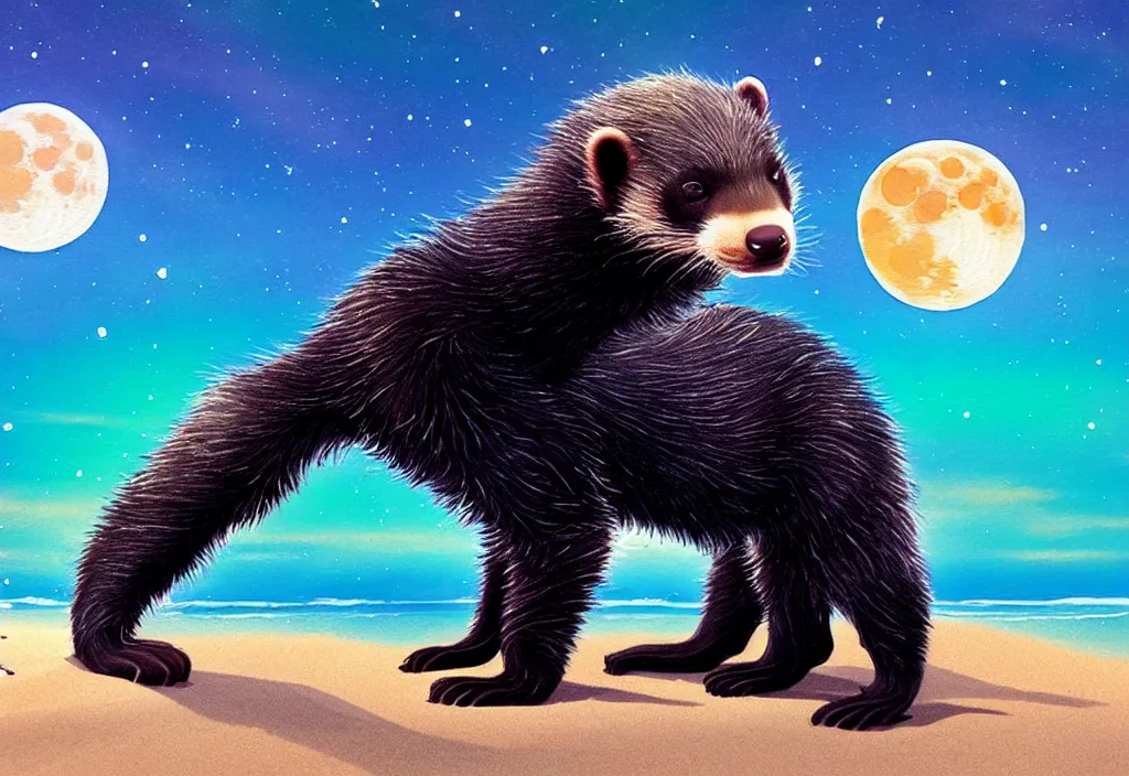 Image similar to cute honey badger at a beach looking at the moon, ultra realistic, concept art, highly detailed