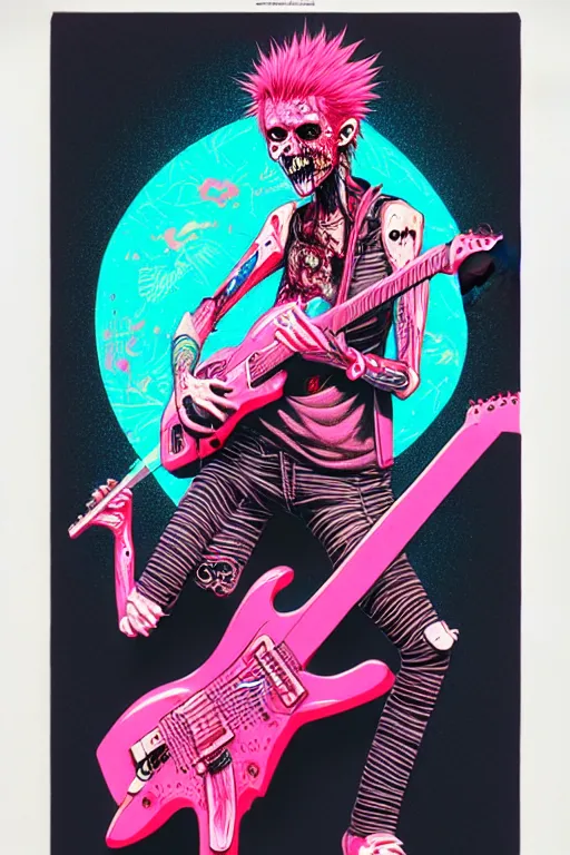 Image similar to risograph of a punk zombie playing guitar, tristan eaton, victo ngai, artgerm, rhads, ross draws, intricated details