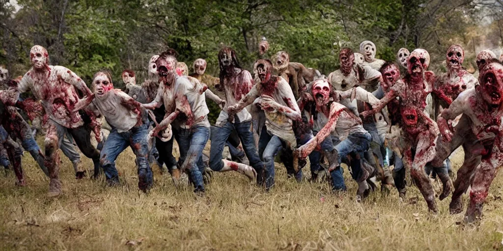 Prompt: a horde of zombies rushing toward camera, too many to count, outstretched and terrible arms, dirt road in Missouri night