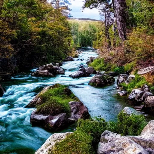 Image similar to a beautiful landscape, river, rocks, trees, cinematic, masterpiece