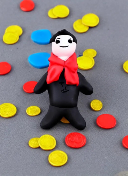 Image similar to money cartoon character with suit, 3 d clay figure, kawaii