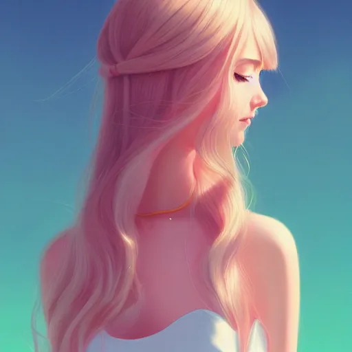 Image similar to happy adult female in sundress, summer dress, pastel light pink very long hair, muted colors, matte print, pastel colors, ornate, digital art, digital painting, fan art, elegant, artstation, head is centered, by Ilya Kuvshinov