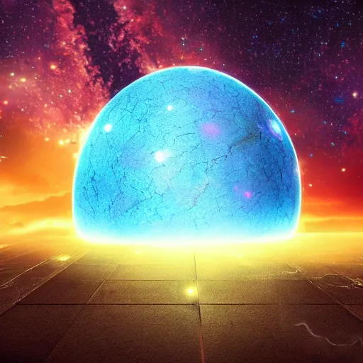 Image similar to magic round neon blue stone capable of destroying the whole multiverse with a distant galaxy in the background, full of detail, smooth, hyper realism, high detail, cinematic, dark