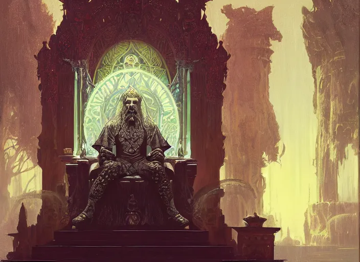 Prompt: wide view picture of a lord of materialization sitting on the throne, centred focus, lighting eyes, magic and fantasy, floating white cubes, highly detailed face, specular reflection, occlusion shadow, intricate, masterpiece, by ilya kuvshinov and jeremy lipking and quentin mabille