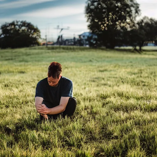 Prompt: A man intensely staring at gras, XF IQ4, 150MP, 50mm, F1.4, ISO 200, 1/160s, natural light