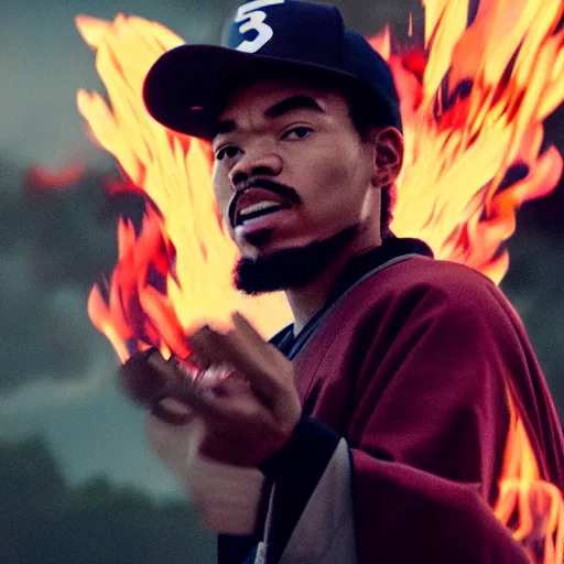 Image similar to cinematic film still of Chance The Rapper starring as a Samurai holding fire, Japanese CGI, VFX, 2022, 40mm lens, shallow depth of field, film photography