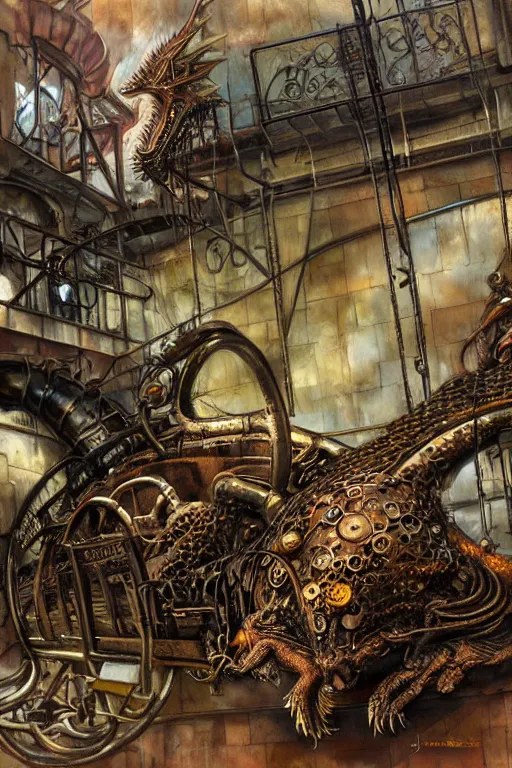 Image similar to hyper realistic old dying dragon lying down on a steam punk apparatus, art by jon foster