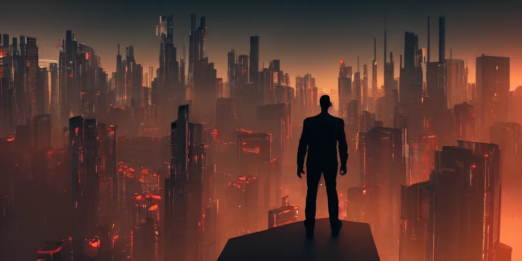 Image similar to a view of a man's back standing on top of a building, with cyberpunk city buildings in the background, volumetric light, cinematic, moody