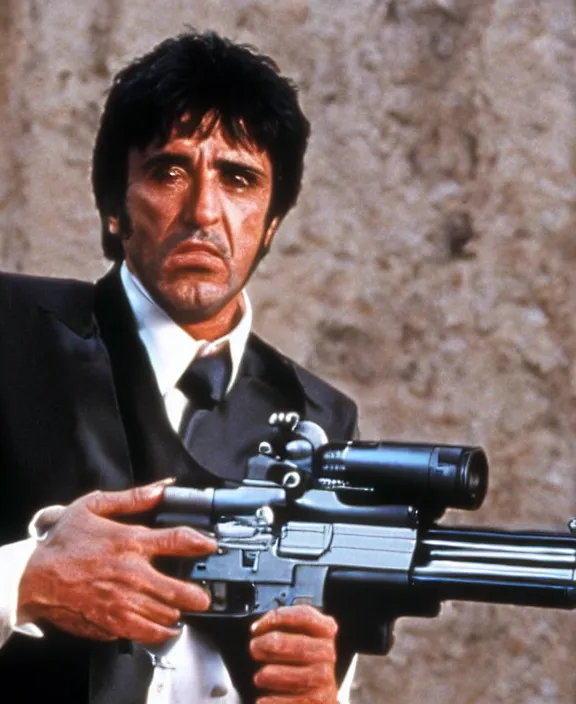 Image similar to tony montana from movie scarface 1 9 8 3. staying with m 1 6 riffle. al pacino, extreme long shot, perfect symmetric face, coherent eyes, fine details, 4 k, ron cobb. cinestill