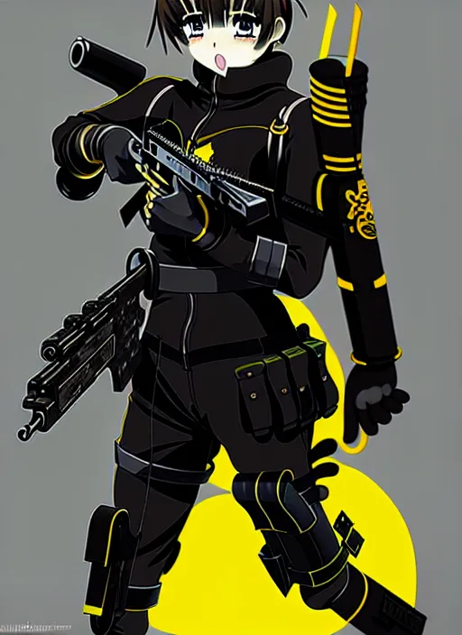 Image similar to anime portrait of a vicious helldiver scout soldier, black armor with yellow accents, full body illustration, head to toe, ilya kuvshinov, anime, pixiv top monthly, trending on artstation, cinematic, danbooru, zerochan art, kyoto animation