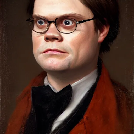 Image similar to portrait of dwight schrute at a halloween party, as painted by augustus edwin mulready and hendrik kerstens