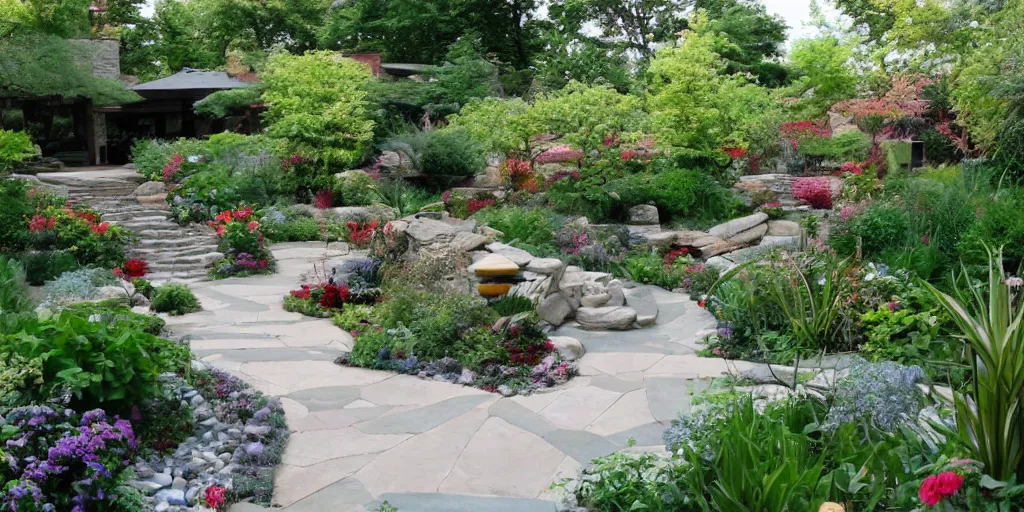 Prompt: small award winning patio designed by frank lloyd wright, with award winning stone work, lots of plants and flowers, on a sunny day, photo