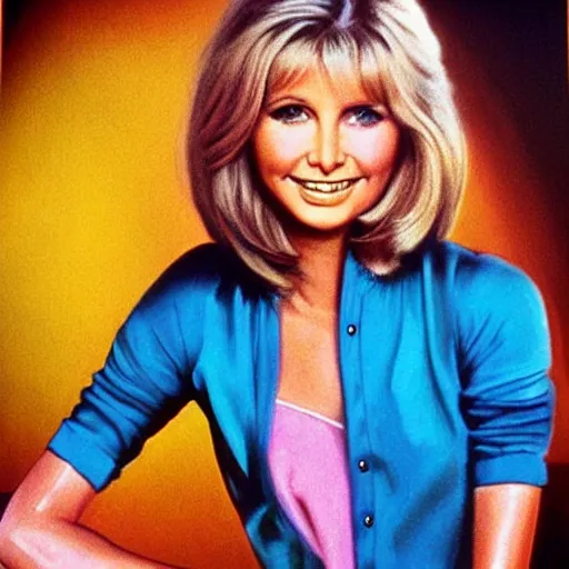 Image similar to beautiful portrait of Olivia Newton-John on a poster for a 1970's movie, colored, highly detailed