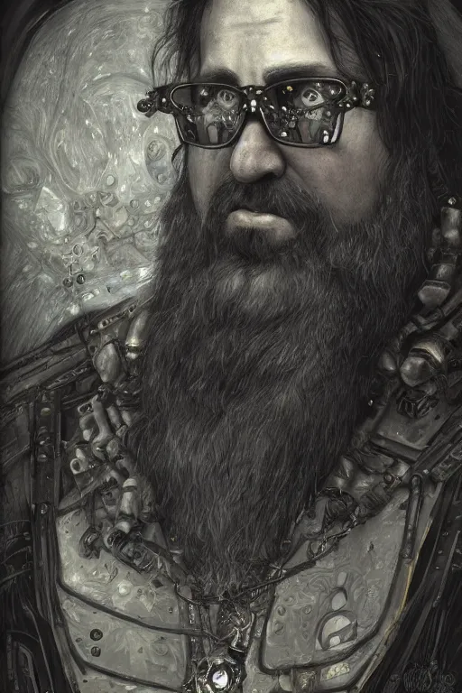 Image similar to portrait of gothic Gabe Newell, cyberpunk, Warhammer, highly detailed, artstation, illustration, art by Gustav Klimt