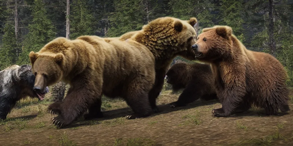 Image similar to A monster truck fighting a grizzly bear in its natural habitat, unreal engine, 8k