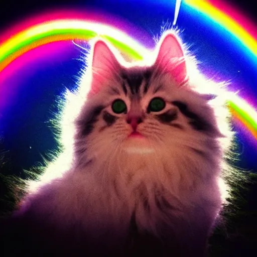 Image similar to of a very proud fluffy rainbow kitten howling at moon with a glowing rainbow aura