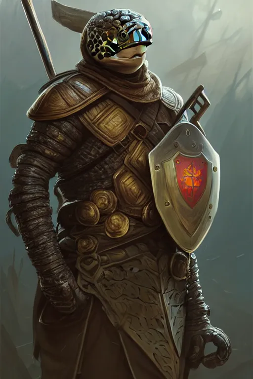 Image similar to portrait of a Turtle fighter looking at camera, D&D, shield and iron war hammer, stylish armor, fantasy, extremely detailed, digital painting, artstation, concept art, smooth, sharp focus, illustration, stunning lighting, art by artgerm and greg rutkowski and alphonse mucha and simon stalenhag