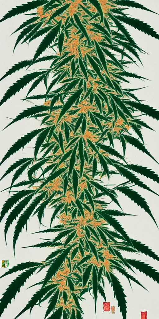 Prompt: A modern fine-art Chinese shanshui painting of cannabis tree with dank buds ready to harvest, full of amber trichome