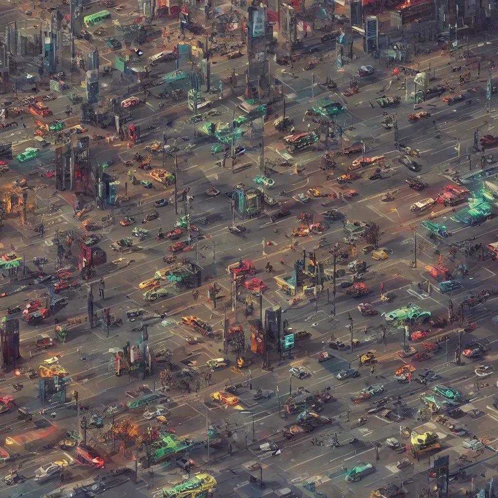 Prompt: A stunning close-up view illustration of a dystopian city traffic intersection, with walking humanoid figures and mechanical vehicle traffic, service robots, cyberpunk strip clubs, pimps, prostitutes, gangs, vandals and vagrant broken cyborgs on the sidewalk, by Geof Darrow and Mikw Mignola, cinematic, highly microdetailed, octane render, vray, rich cinematic atmosphere of trashiness and street filth, perfect digital art, sleazy dark future, highly hyperdetailed and microdetailed, perfect mechanical structures, cyberpunk, sci-fi, Dark Horse Comics, Hard Boiled, dim lights, sharp focus, high detailed, Bill Sienkiewicz , Thomas Kinkade