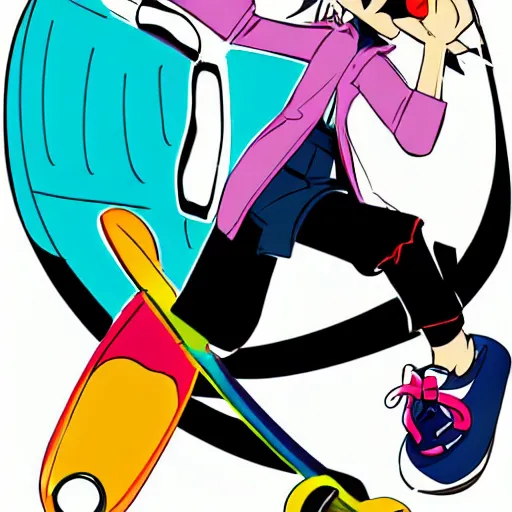 Image similar to skater character on white background, cartoony stylized proportions by hiroyuki imaishi 今 石 洋 之 gainax studio trigger inks and colors