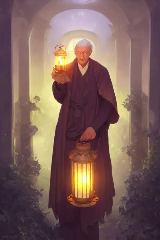 Image similar to male senior cleric holding a lantern in a cemetery, highly detailed, digital painting, artstation, concept art, smooth, sharp focus, illustration, art by artgerm and greg rutkowski and alphonse mucha and andrei riabovitchev