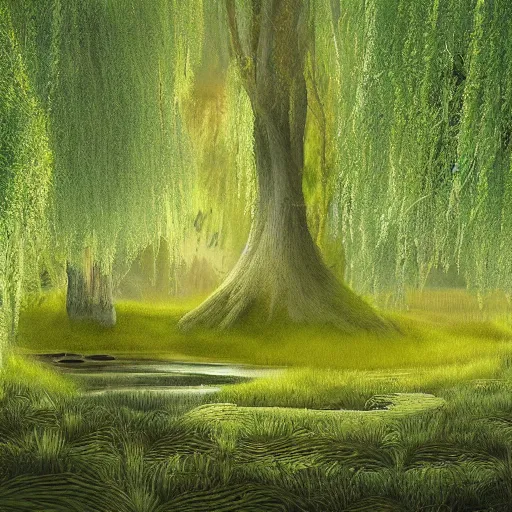 Image similar to hilly island in ethereal fairy swamp, hyperrealism, willow trees, fantasy illustration