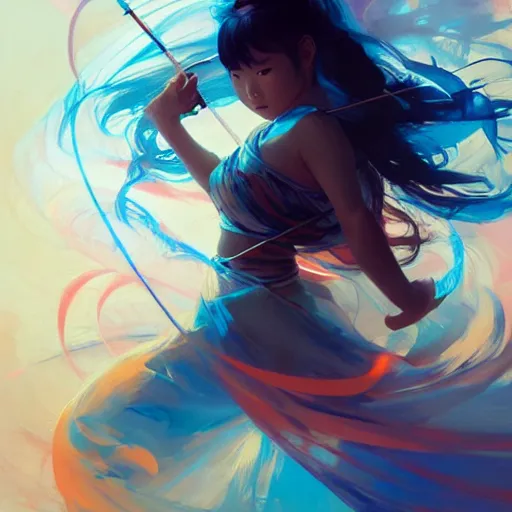 Image similar to curvy asian ethnic warrior girl, digital illustration by ruan jia on artstation, outlined by whirling illuminated neon lines and fine lines swirling in circles by jesper ejsing and rhads and makoto and shinkai and lois van baarle, digital art, trending on artstation - h 9 6 0