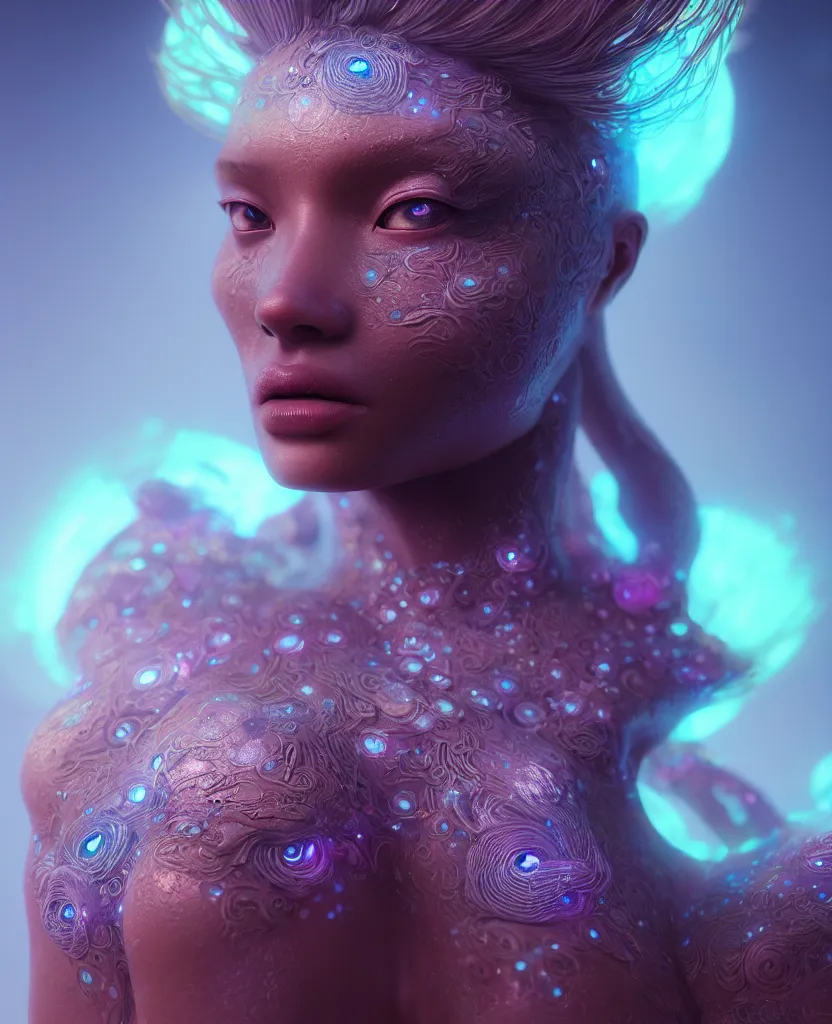 Image similar to goddess close-up portrait. bioluminiscent creatures, intricate artwork by Tooth Wu and wlop and beeple. octane render, trending on artstation, greg rutkowski very coherent symmetrical artwork. cinematic, hyper realism, high detail, octane render, 8k