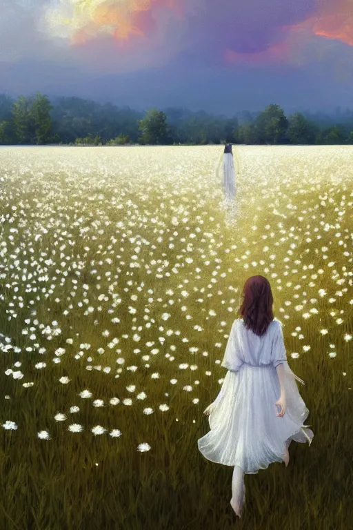 Image similar to giant white daisy flower veil, girl walking in a flower field, surreal photography, sunrise, dramatic light, impressionist painting, colorful clouds, digital painting, artstation, simon stalenhag