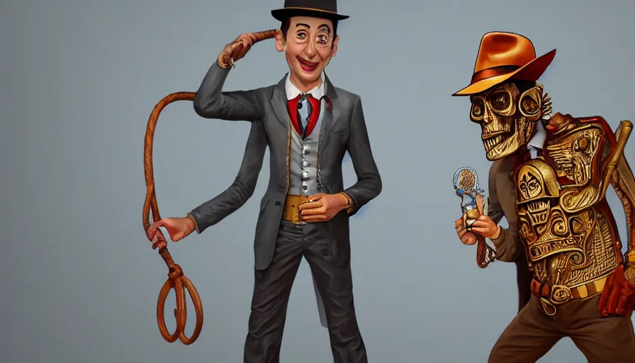 Prompt: pee - wee herman as indiana jones holding a whip in left hand and holding a golden mayan skull in the right hand, grey background, hyperdetailed, artstation, cgsociety, 8 k