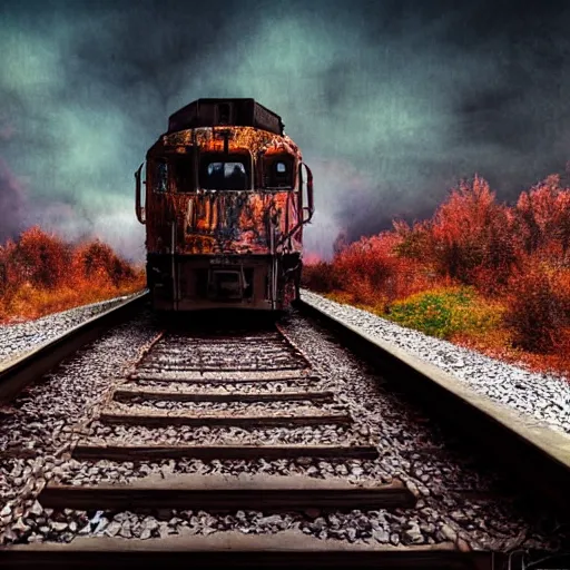 Image similar to subway arriving train decay, building stone big bear shape, expressive painting, colorful, detached dreams, Ultra-Wide Angle, Long double Exposure, black night sky wolves with burned trees, photography, highly detailed, super realistic, cinematic colors