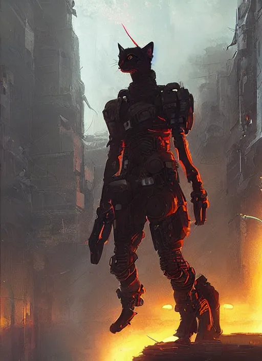Image similar to a futuristic cyberpunk cat soldier in war scene, epic scene, big explosion, by greg rutkowski