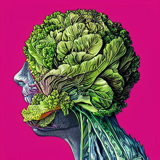 Image similar to the anatomy of a head of lettuce, an ultrafine detailed painting by james jean, intricate linework, bright colors, final fantasy, behance contest winner, vanitas, angular, altermodern, unreal engine, global illumination, radiant light, detailed and intricate environment