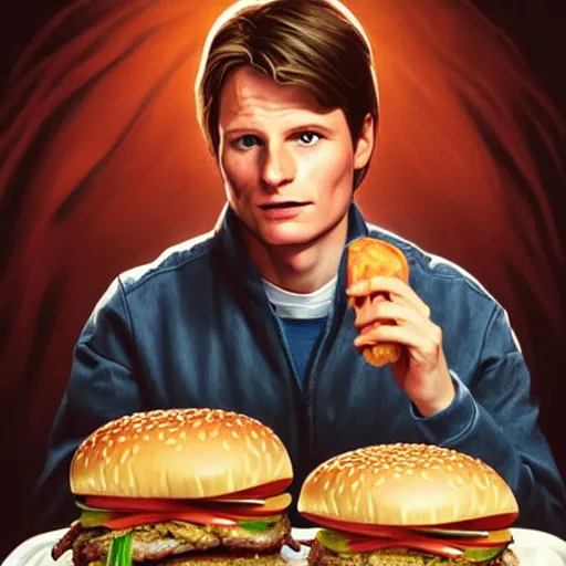 Prompt: portrait of Marty McFly eating a giant hamburger , extra onions and ketchup, luscious patty with sesame seeds, feminine ethereal, handsome, D&D, fantasy, intricate, elegant, highly detailed, digital painting, artstation, concept art, matte, sharp focus, illustration, art by Artgerm and Greg Rutkowski and Alphonse Mucha