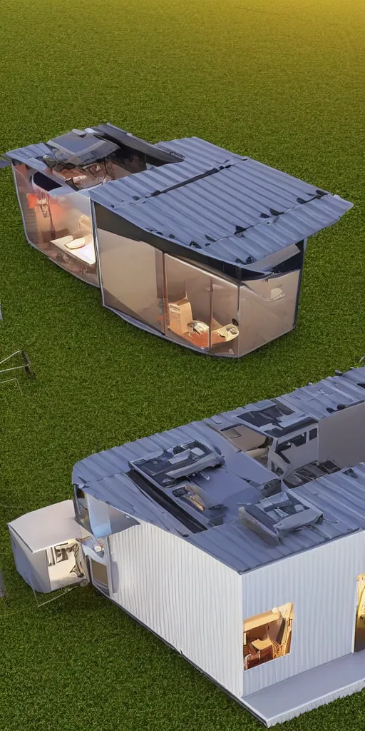 Prompt: a mechanical highly detailed shipping container converted to a modern house with drone propellers on top of the house the entire thing is hovering shown from a distance over a field centered perfect symmetry cinematic lighting