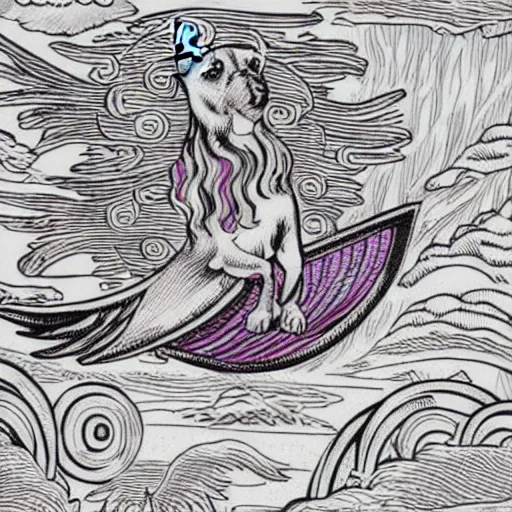 Prompt: old english sheet dog with a unicorn horn and wings flying in the sky with rainbows synthwave line art illustration, 1981, high detail