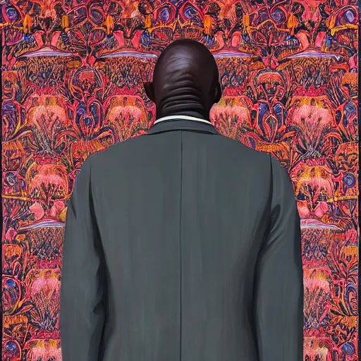 Image similar to a painting of a XXL wise elder from Kenya in a suit by Kehinde Wiley . dramatic angle, ethereal lights, details, smooth, sharp focus, illustration, realistic, cinematic, artstation, award winning, rgb , unreal engine, octane render, cinematic light, macro, depth of field, blur, red light and clouds from the back, highly detailed epic cinematic concept art CG render made in Maya, Blender and Photoshop, octane render, excellent composition, dynamic dramatic cinematic lighting, aesthetic, very inspirational, arthouse.