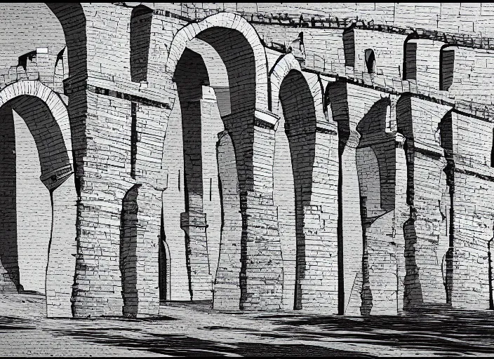 Image similar to an illustration of segovia aqueduct, trending on artstation